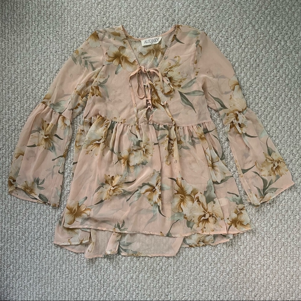 Sheer Floral Print Tie Front Babydoll Top